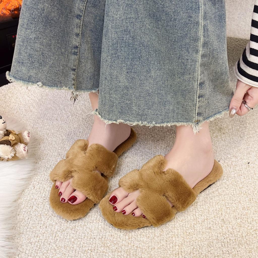 Lazy Fluffy Slippers Women's 2025 Plush New Cotton Slippers Flat Bottom Outer Wear Winter Word Small Fragrance