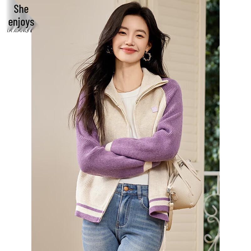 

Women s Color Block Double Zipper Knitted Cardigan M