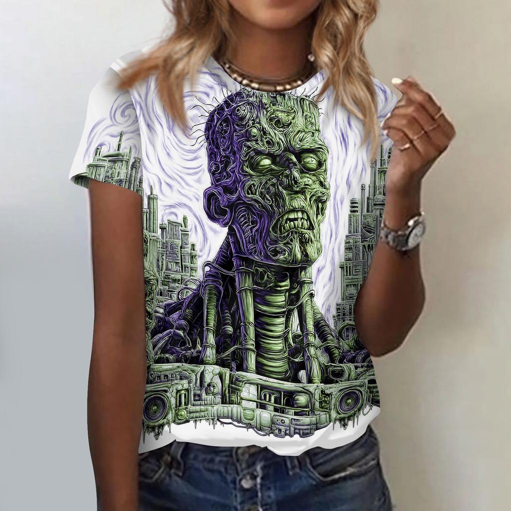 Women's Short Sleeve Crewneck T-Shirt with Halloween Print for Casual Daily Wear