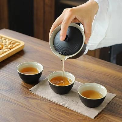 Setul de ceai de călătorie din ceramică include 1 oală și 3 cești de ceai, Gaiwan elegant de înaltă calitate, ceainic de ceainic ușor și frumos, ceașcă Kung Fu