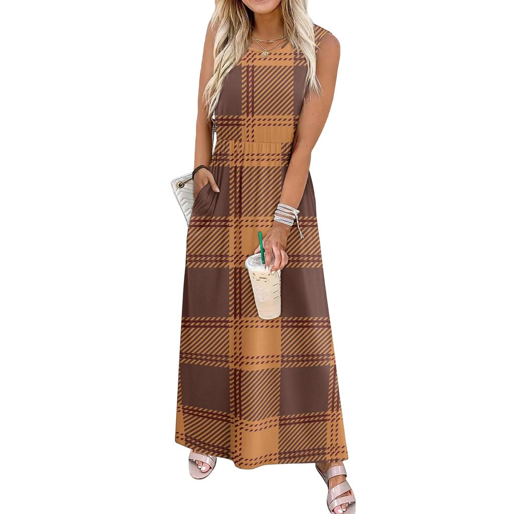 Ladies' Plaid Printed Casual and Fashionable Waist Cinched Sleeveless Dress