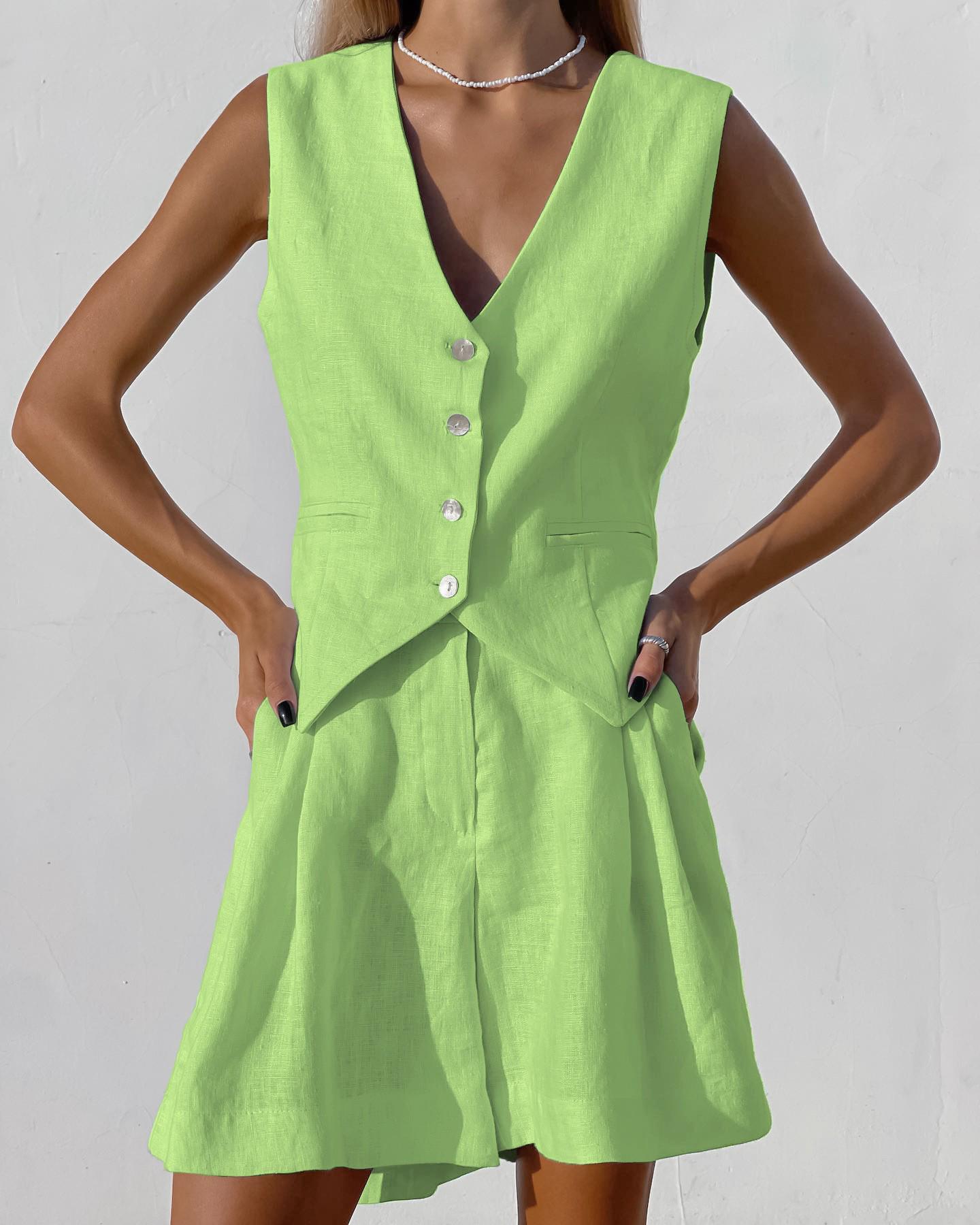 

2025 Европейско-американский стиль Хлопок Лен Женский Комплект Безрукавка и Шорты - Летний Повседневный Двойка XL светло-зеленый