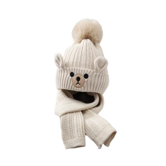 2Pcs/Set Children Hat Scarf Set Plush Ball Decor Bear Pattern Thickened Soft Touch Windproof Kids Knitting Hat Long Scarf Set