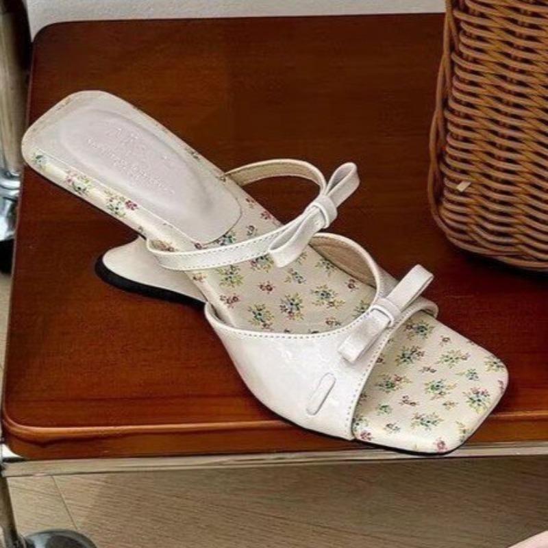 Fashion Women's Fashion Slope Heel Sandals Summer New Square Head Shallow Mouth Butterfly Knot Anti-slip Wear Slippers