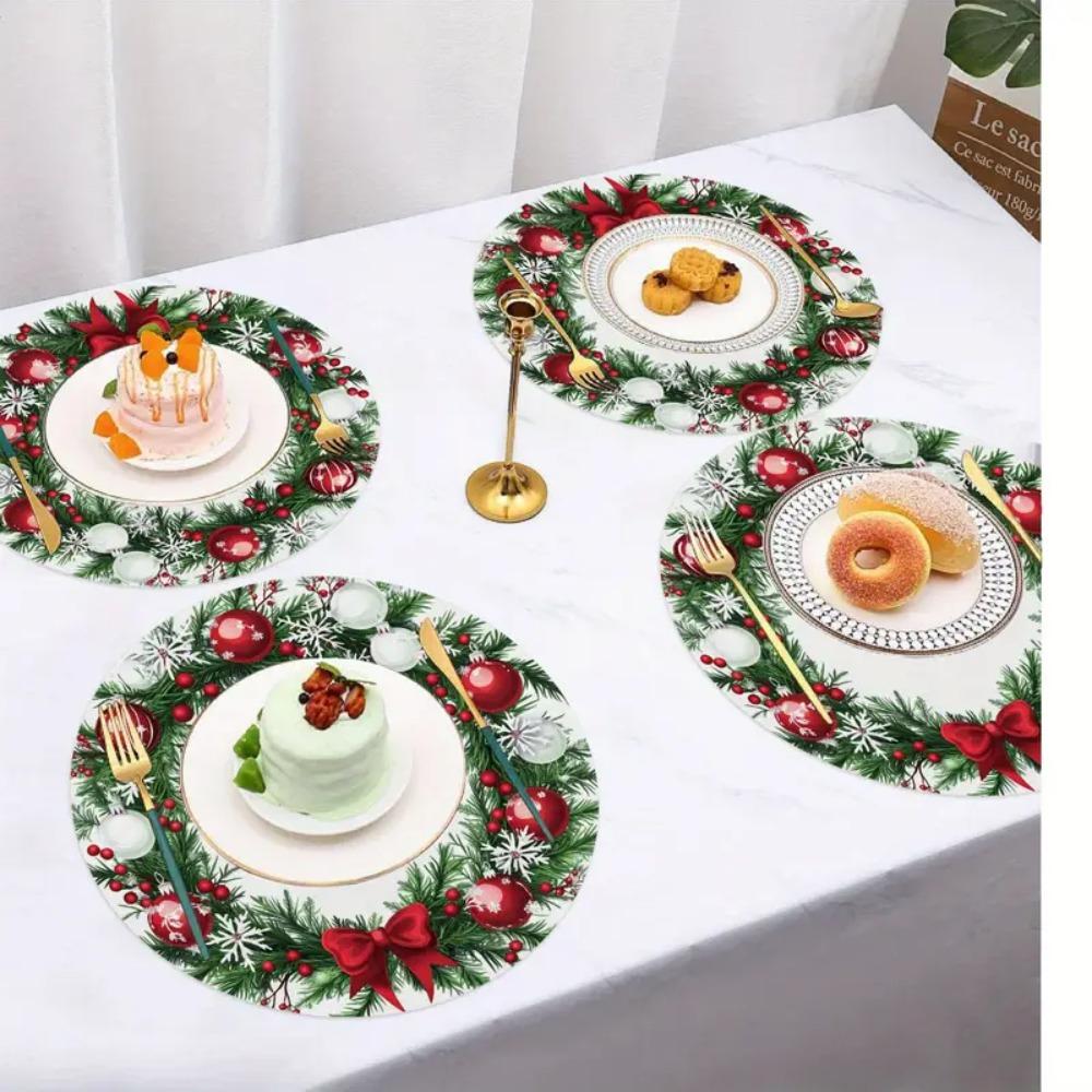4 STÜCKE Weihnachts-Platzsets Rund Polyester Rutschfest Hitzebeständig Festliche Tischsets Weihnachts-Stil Design Runde Tischdecke