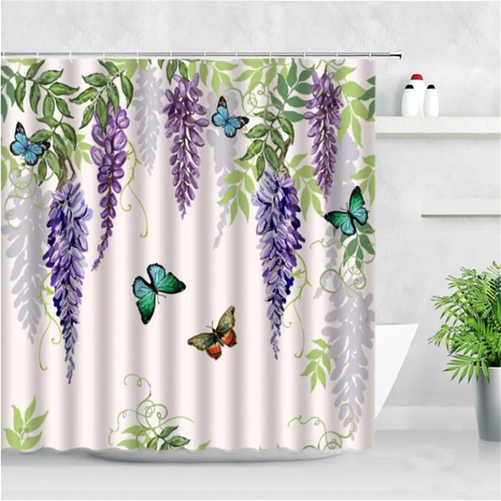 Boho Floral Shower Curtain, Hawaii Tropical Leaves Flower Bath Curtain Botanical Nature Summer Bathroom Decor Curtain with Hooks