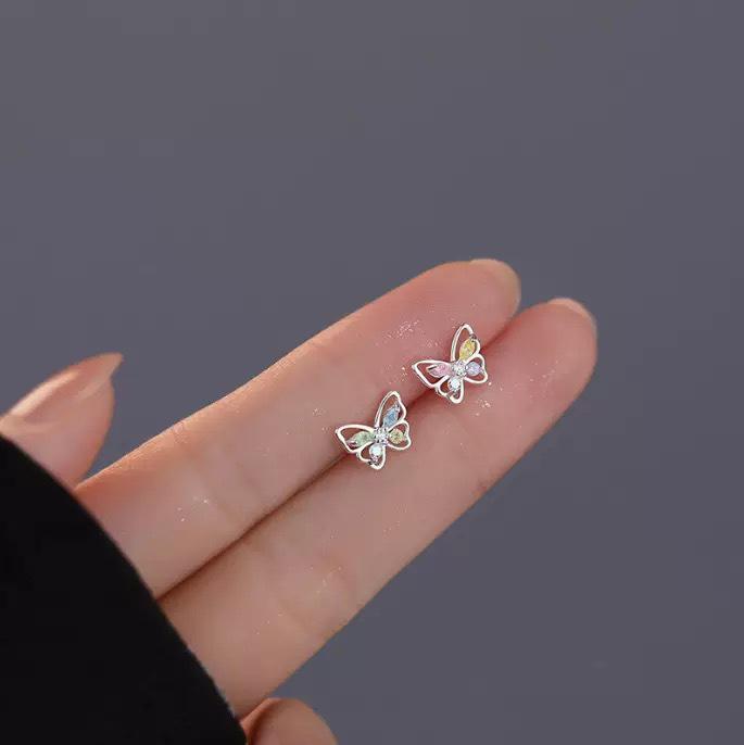 Elegant Iridescent Cubic Zirconia Butterfly Stud Earrings - Chic and Sweet Design