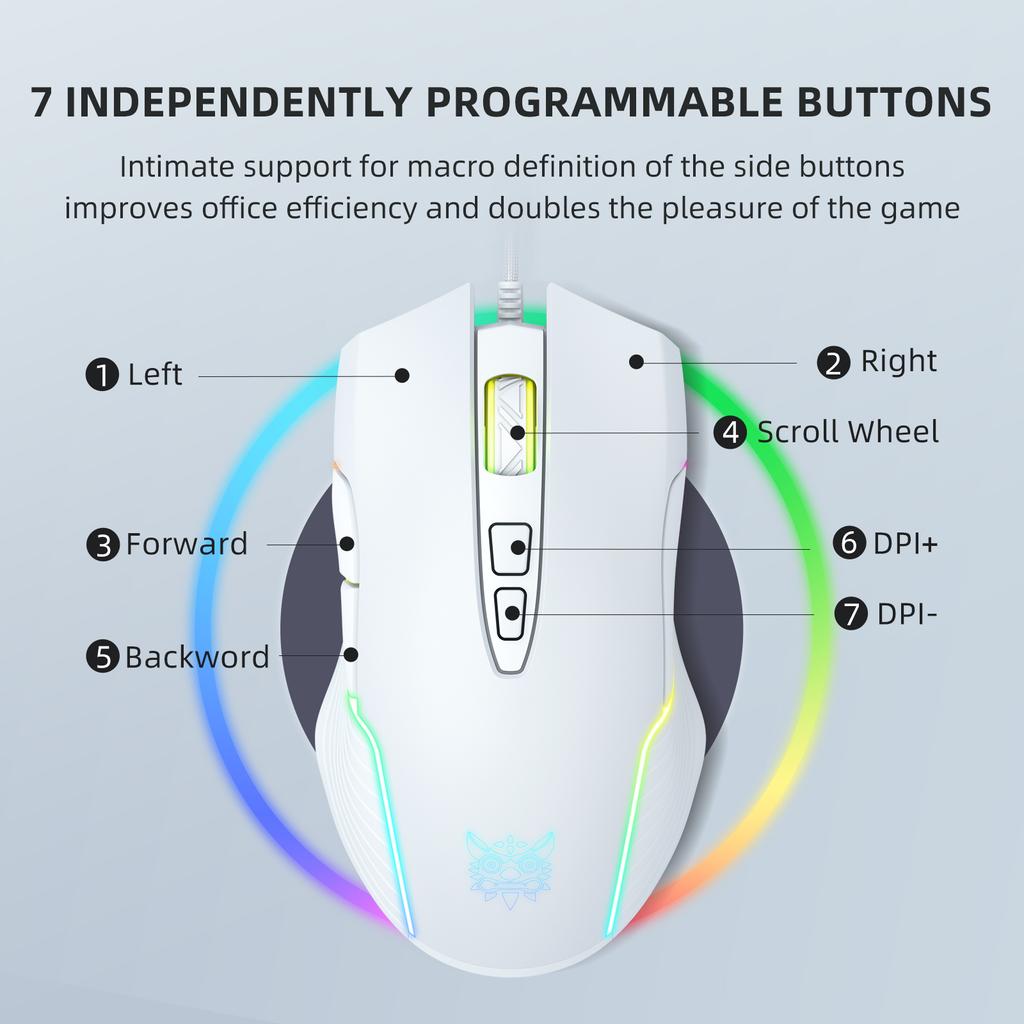 CW905 RGB Gaming-Maus Kabelgebunden mit RGB-Hintergrundbeleuchtung, 6 einstellbare DPI bis zu 6400, Ergonomische Gamer-Laptop-PC-Maus mit 7 programmierbaren Tasten