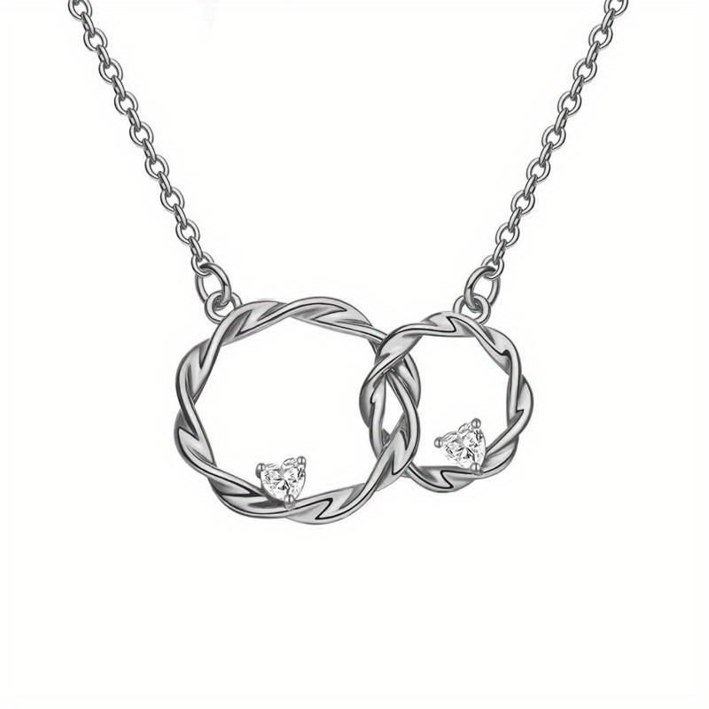 Golden Double Ring Interlocking Clavicle Chain Necklace for Women CZ Ring Pendant Fashion Jewelry Temperament белого золота