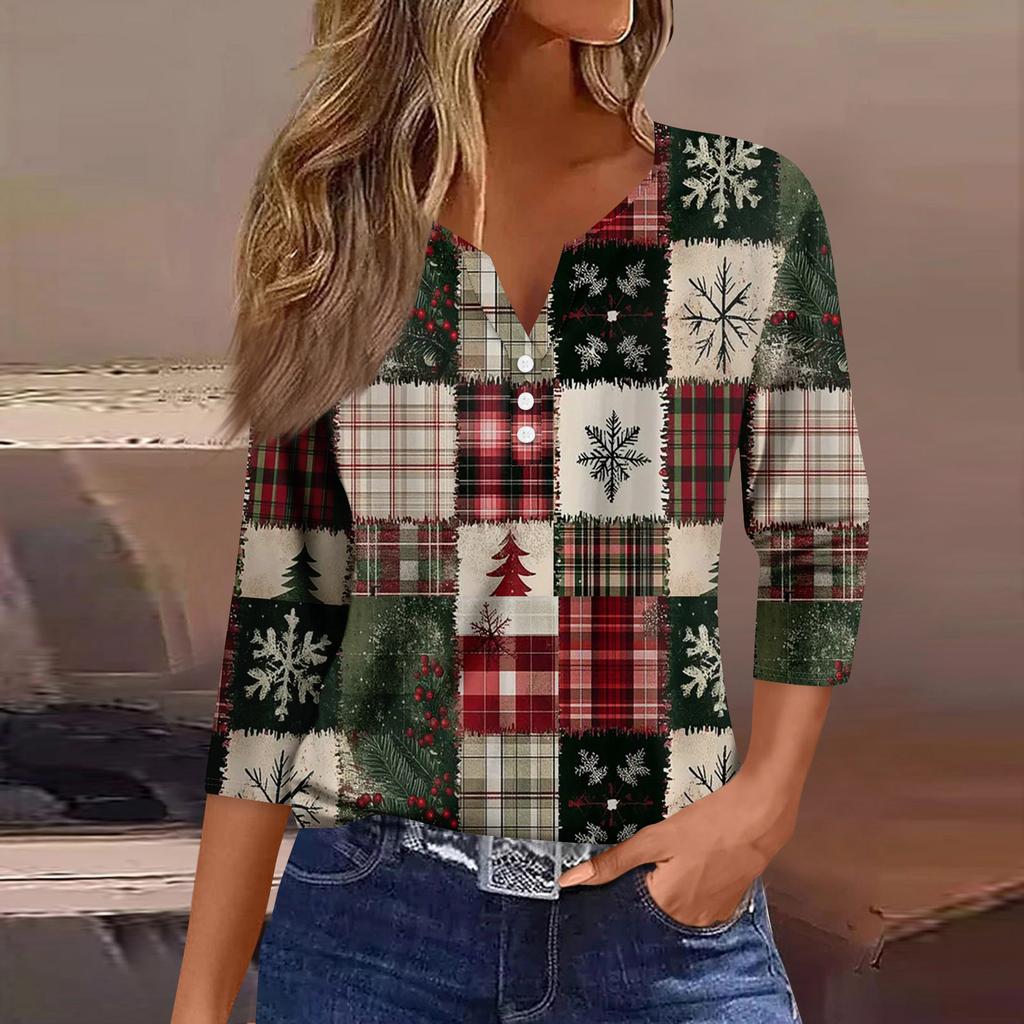 Women's Fashion Casual Three-quarter Sleeve V-neck Floral Print Top