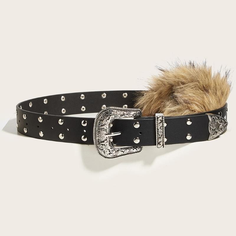 Fashionable PU Leather Waist Cincher With Faux Furs Patchworked Adjustable Pin Buckles Belt For Party adn Daily Outfit