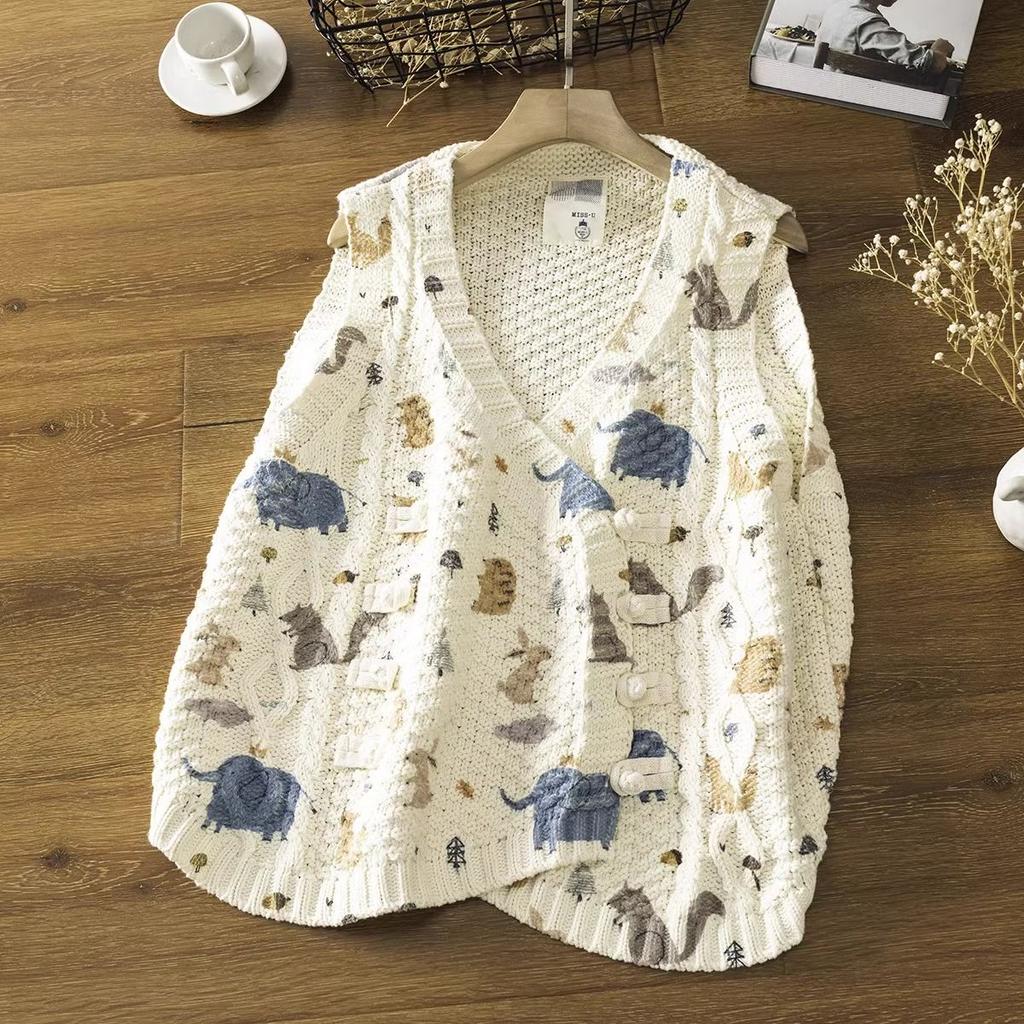 Floral Knitted Sweater Vest Vintage Button Autumn Sleeveless Vest Waistcoat