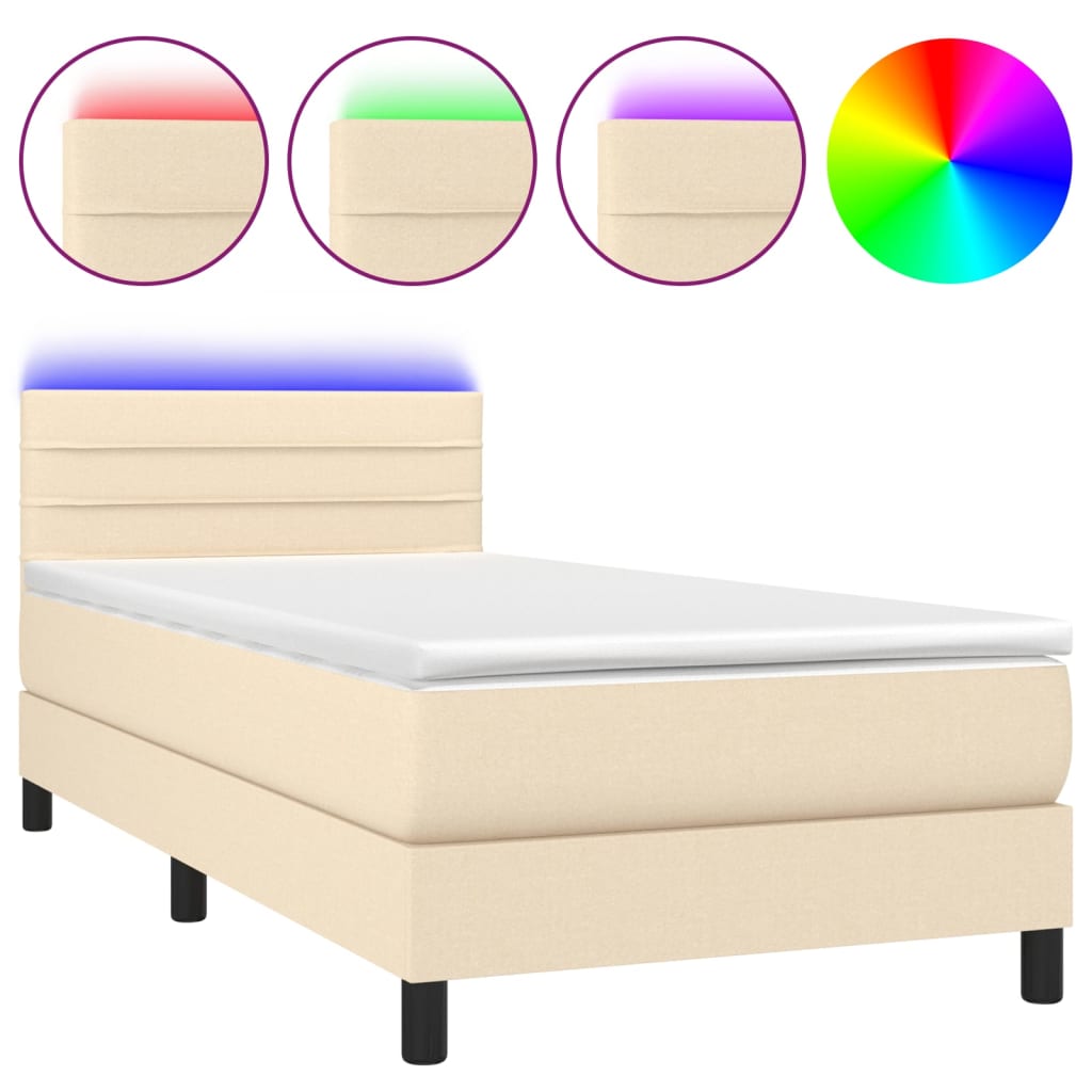 Box Spring Bed with Mattress & LED Cream 90x200 cm Fabric