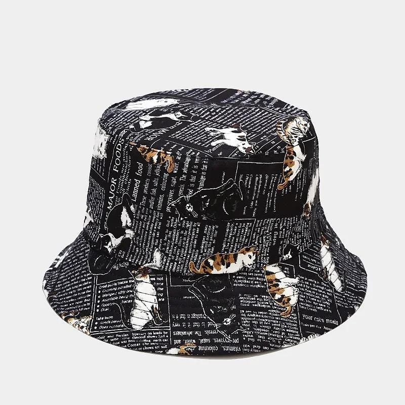 

LDSLYJR Four Seasons Cotton Cartoon Cat Print Bucket Hat Fisherman Hat Outdoor Travel Hat Sun Cap Hats for Men and Women 314 чорний