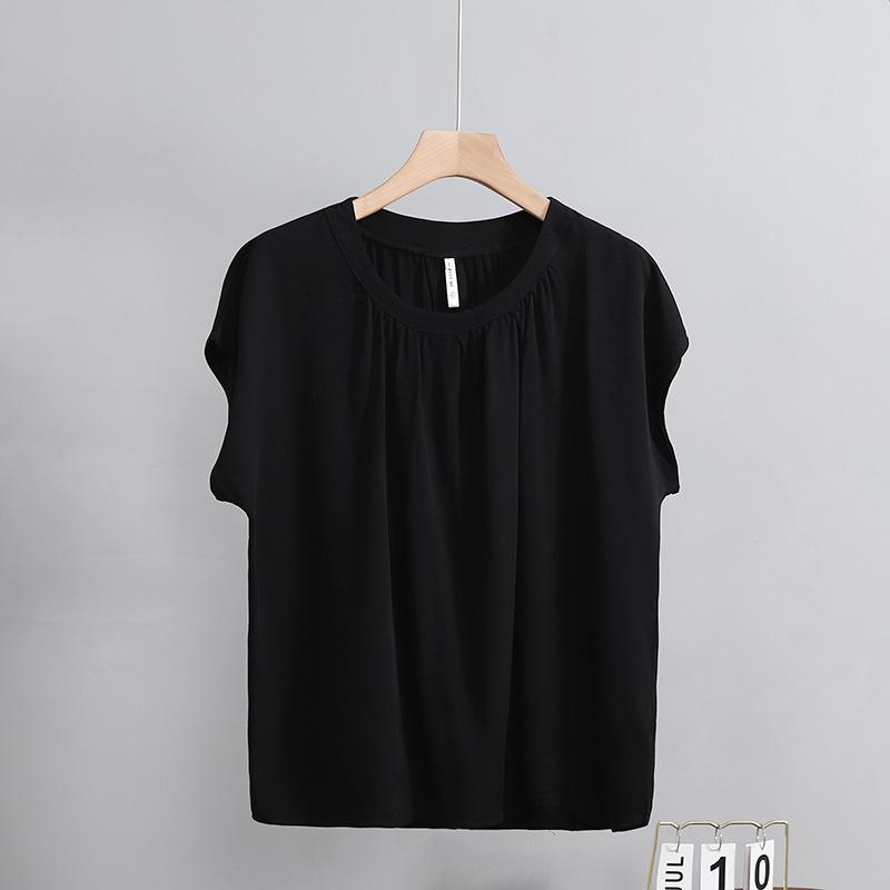 

Women s Summer Loose Fit Cotton-Silk T-Shirt: Slimming, Short-Sleeve, Round Neck, Fashionable Top L (up to 70 kg) чёрный