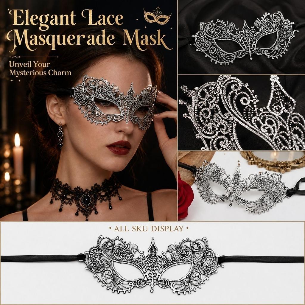 Half Face Halloween with Gold Foil Lace Design for Masquerade Party Costume