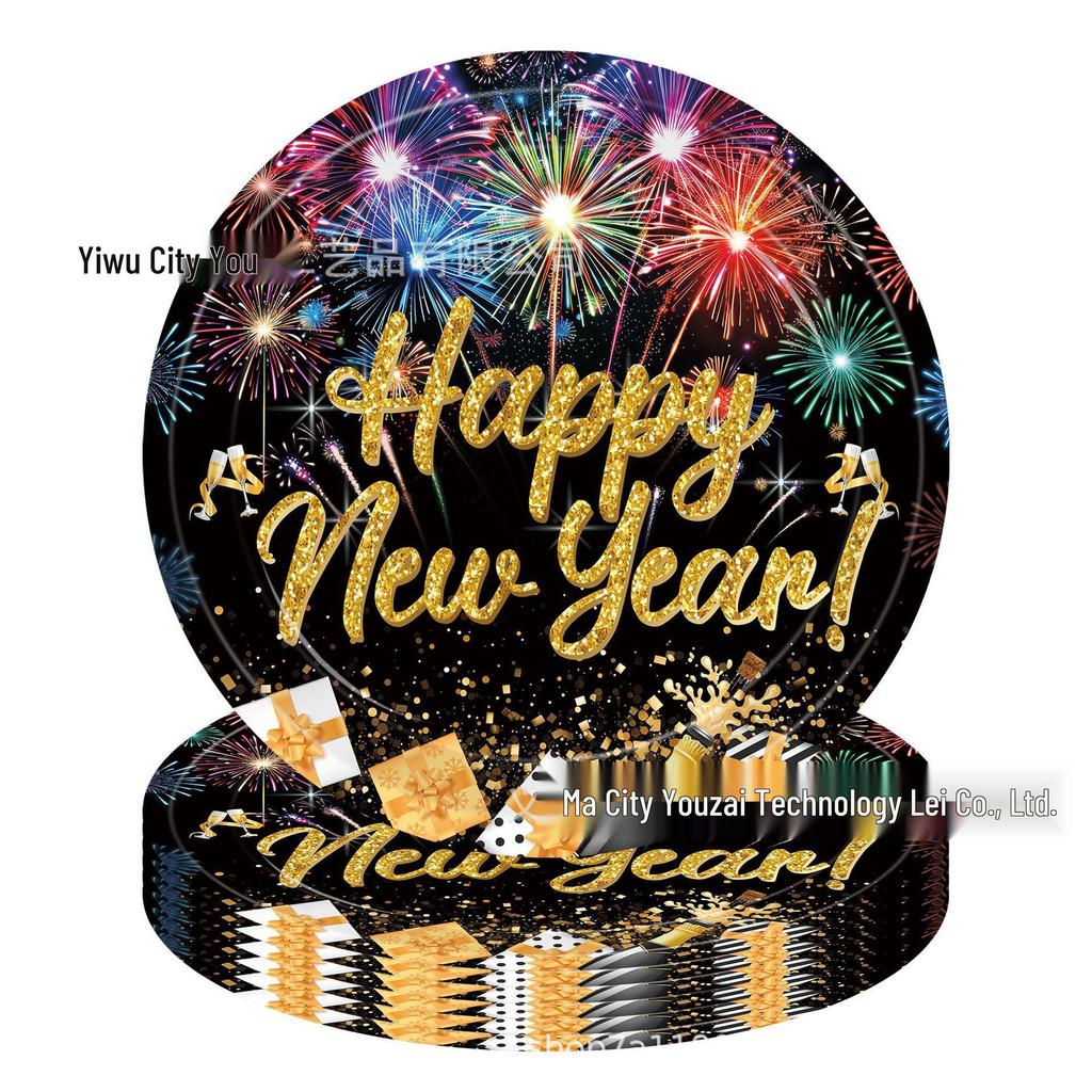 Black Gold New Year Party Set: Colorful Disposable Plates, Tablecloth, and Napkins