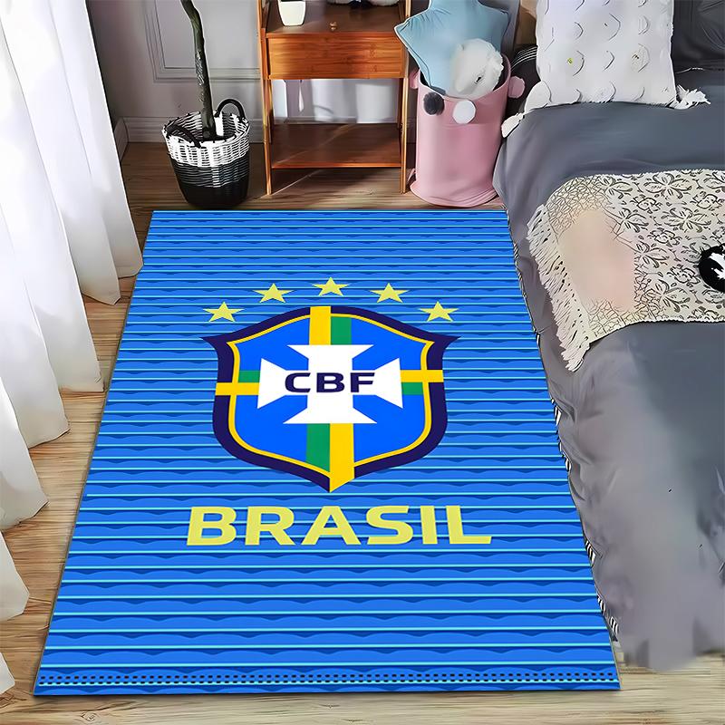 Blue Carpet with Brazil CBF Shield Design and Gold Stars Decor Suitable for use as an anti-slip for living room bedroom sofas