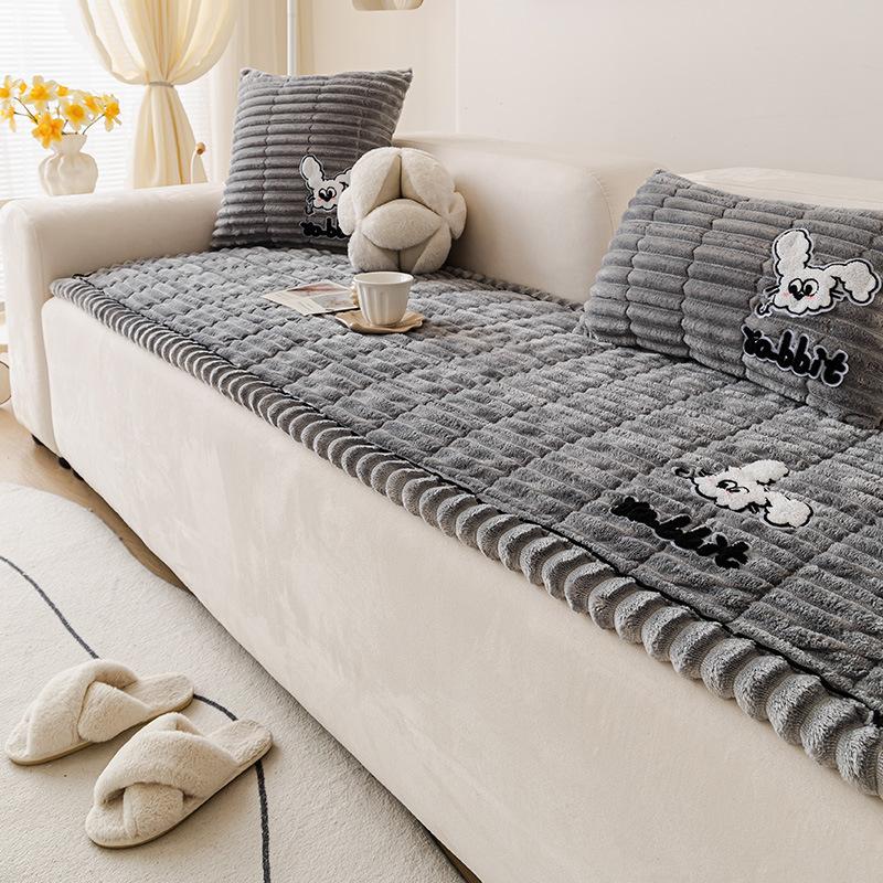 Simple Flannel Rabbit Sofa Cushion Winter Solid Plaid Non-Slip Sofa Cover for Living Room Comfort Thickened Warm Recliner Cover