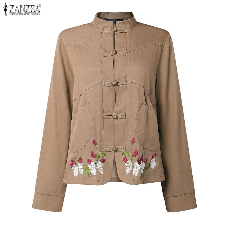 ZANZEA Women Casual Stand Collar Long Sleeve Floral Embroidery Blouse