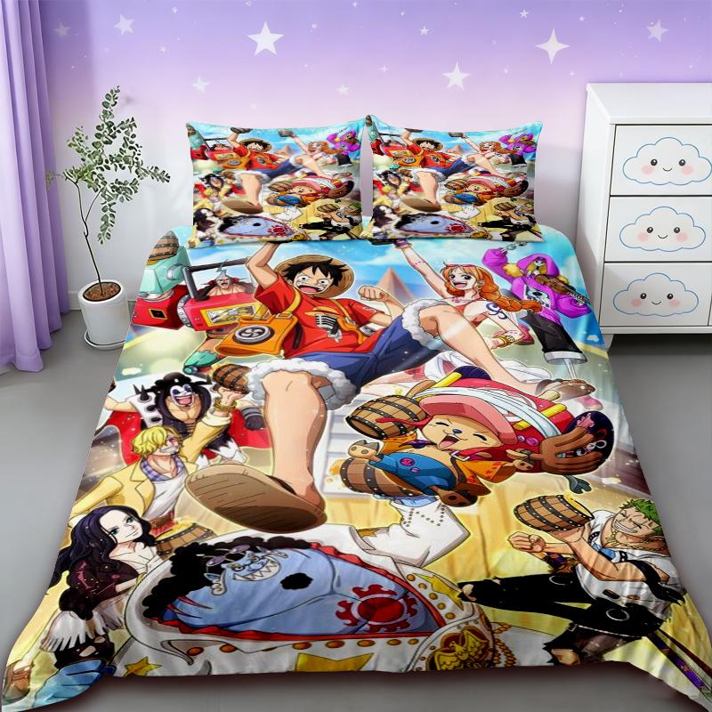 Duvet Cover One Piece Kids Cartoon Luffy Bedding Set with 2 Pillowcases Soft and Cozy Bedroom Bed Decor Teens Boys Gifts Best