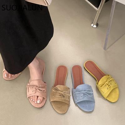 Mode SUOJIALUN 2025 Nouvelle Marque Femme Pantoufle Mode Bout Ouvert Enfiler Dames Diapositives Décontractées Talon Plat Doux Extérieur Robe Tong Chaussure