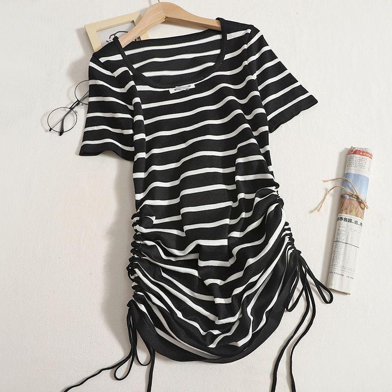 2025 French Square Neck Striped Drawstring Dress - Petite Summer Hip-Hugging Skirt for Women