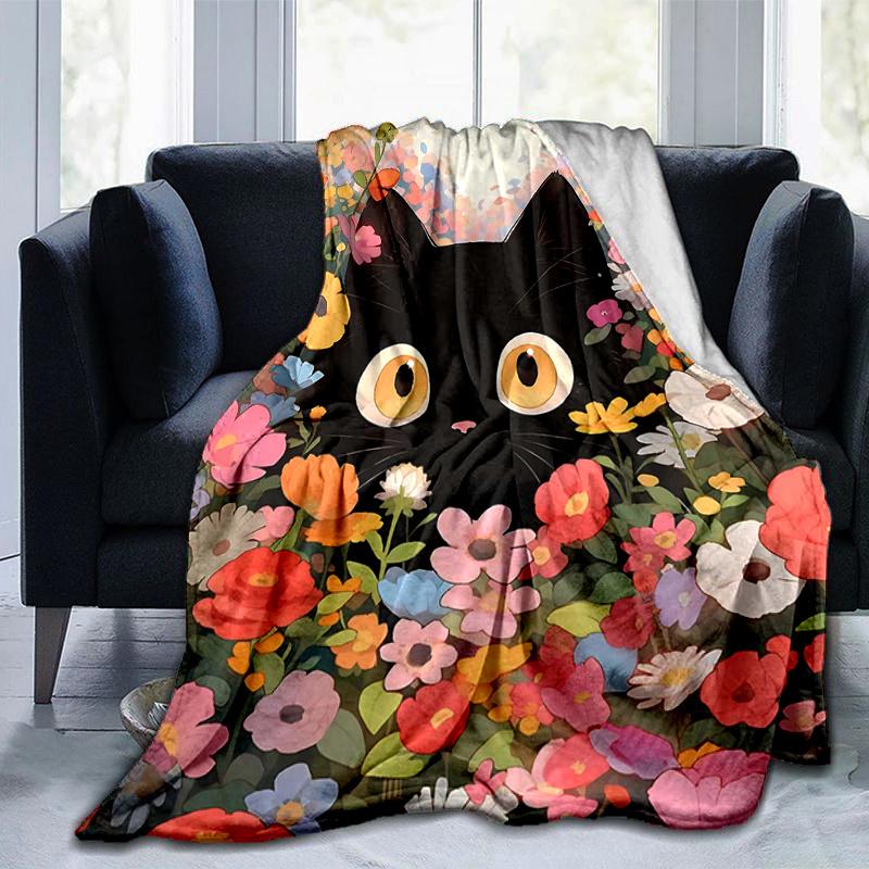 1pc Flowery Black Cat Themed Blanket  Seasonal Home Decorative, Living Room, Travel, Camping, Car Blankets