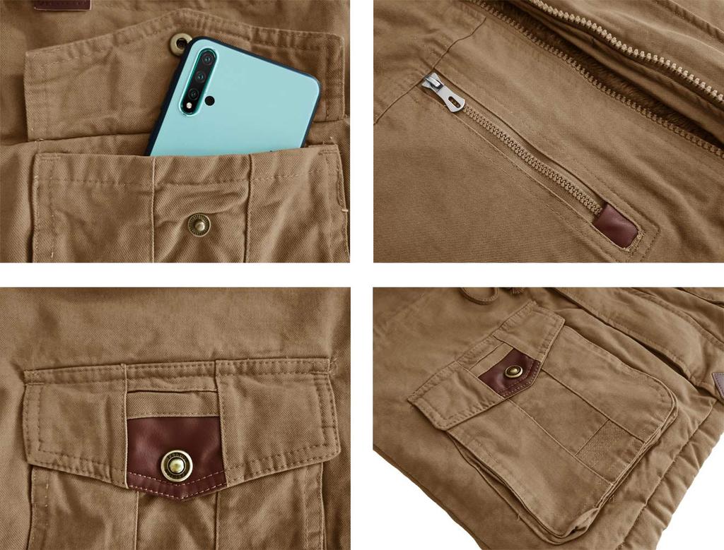 KEFITEVD Cargo Military Motorcycle Cotton Stylish Size 3XL Men's Jacket, Fleece-Lined, Warm, Jacket, Outdoor, Wear, Windproof, Coat, Blouson, Khaki,