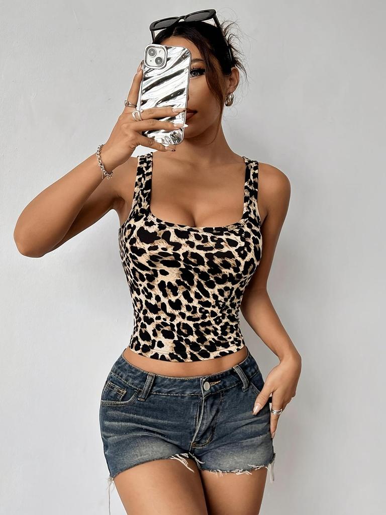Ladies' leopard print square-neck sports vest, sizes S-XL, wearable all year round