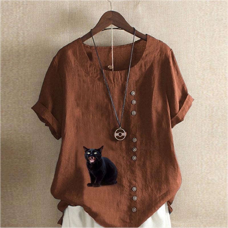 Damenmode, T-Shirt mit schwarzem Katzen-Print, kurzärmelig, lockeres Baumwollhemd, lässige Sommerbluse, Tops, Übergröße