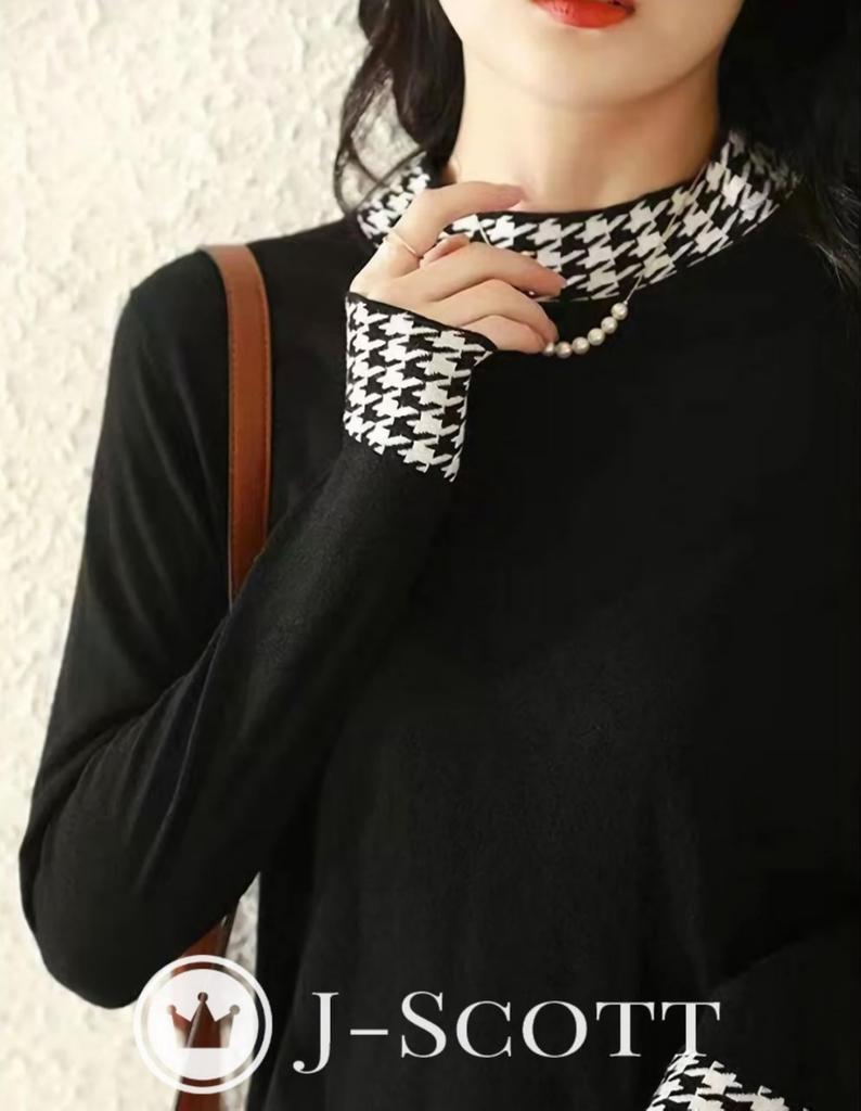 J-Scott Knit Top, Houndstooth Pattern, Mock Neck, Slim Fit, Monochrome, 1/4 Sleeves, Simple Black, JS104-BK-M (Limited Stock)