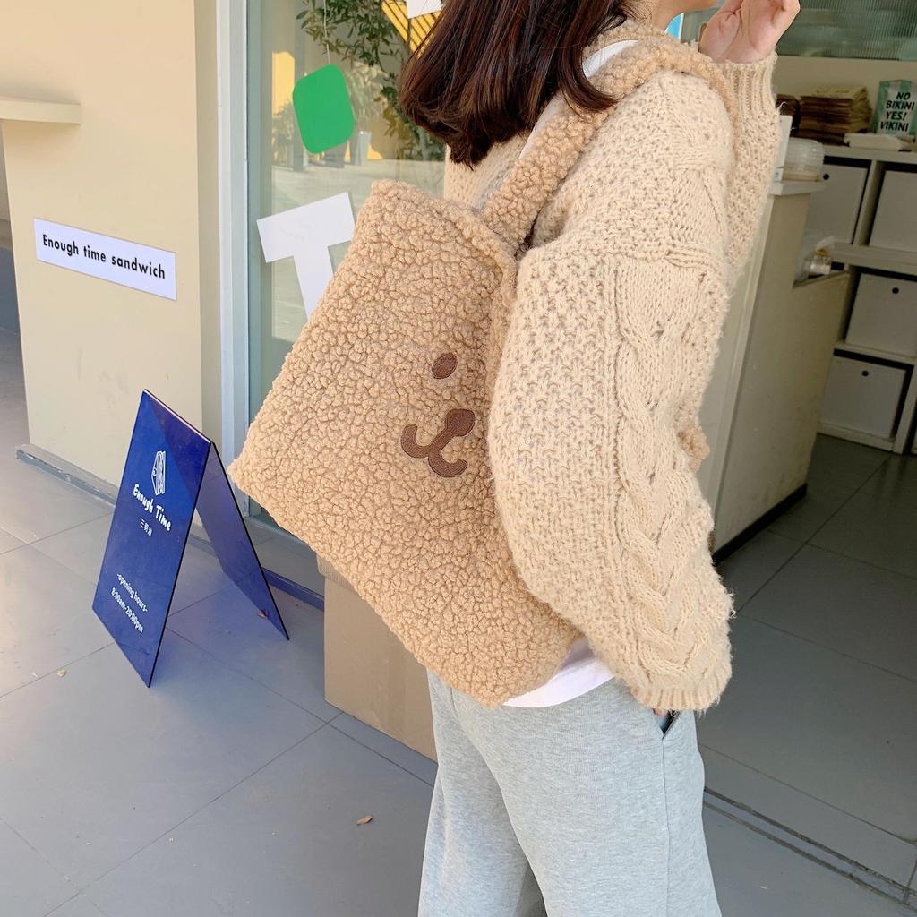 Women Cute Plush Bear Girl Heart Embroidery Double Sided Shoulder Bag