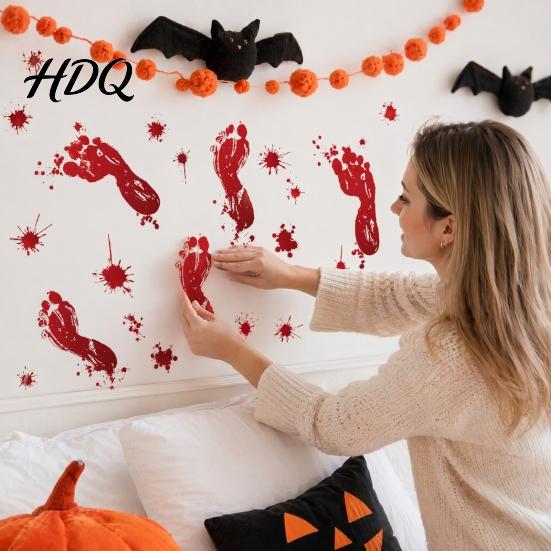Long-lasting Window Sticker Halloween Blood Handprints/Footprints Wall Stickers Removable Decals Spooky Waterproof Scratch-resistant Decal