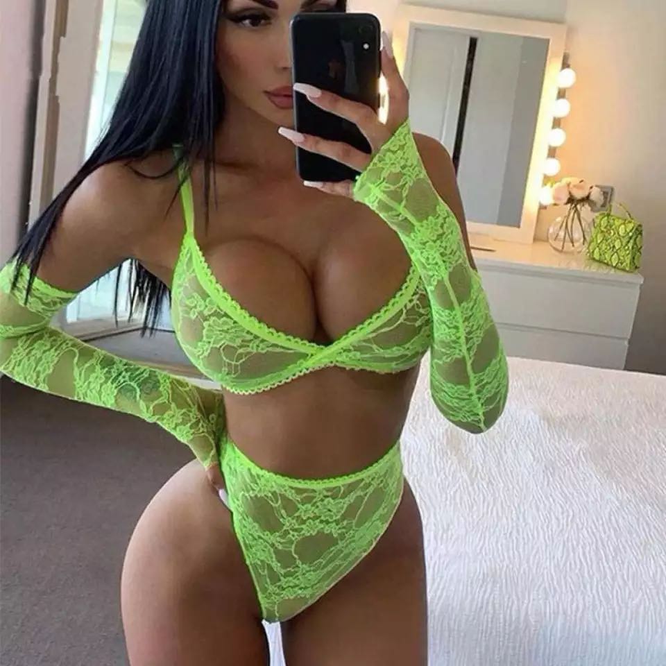 4 Pieces/set Women's Lace Lingerie Set Sexy Underwear Hollow Opening Bra Thong Garter Net Stockings Set Erotic Exotic Underwear