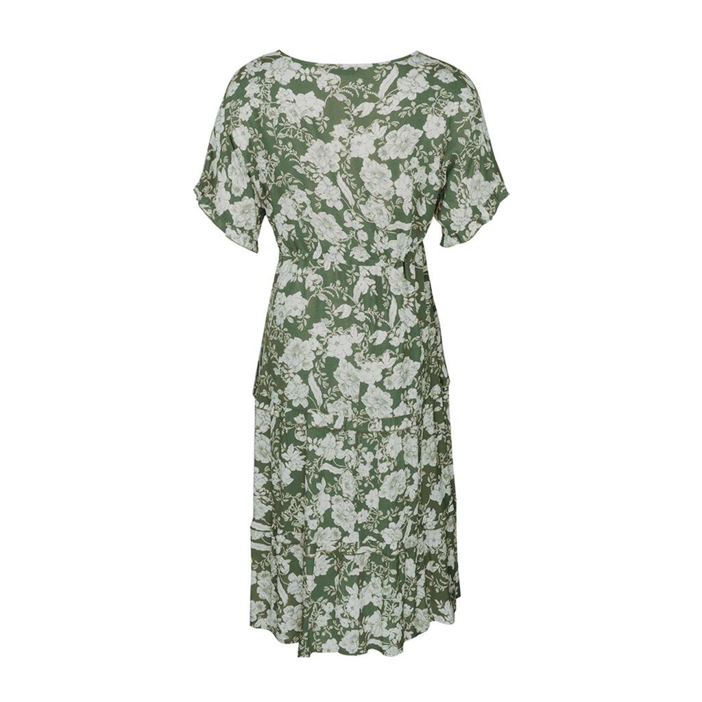Damen Boho-Kleider, Blumendruck, kurzärmelig, V-Ausschnitt, lässig, hohe Taille, Strand-Maxikleid