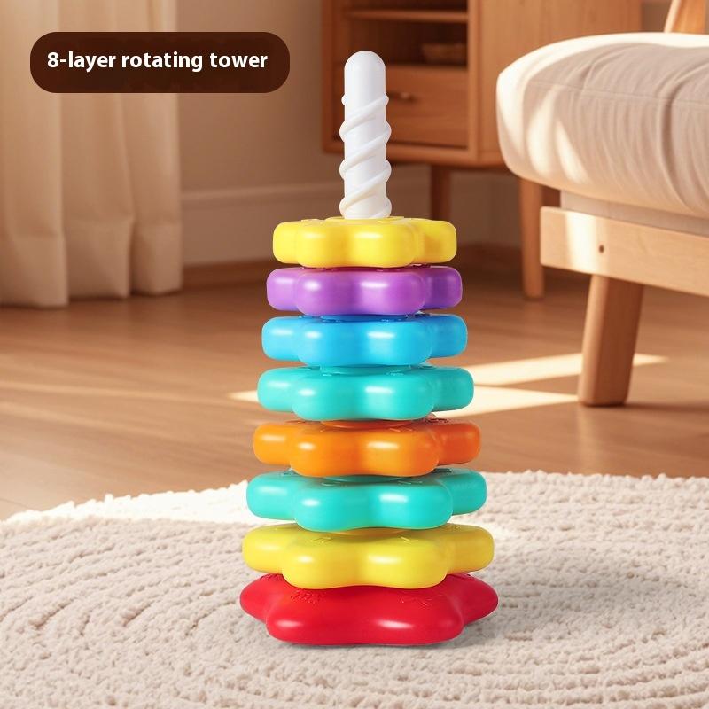 1 Set Montessori Rotating Rainbow Tower Baby Stacking Toys Children Develop Motor Skills Game Spinning Stacking Toy Gifts