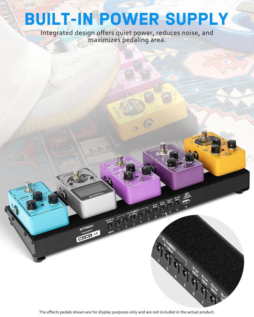 STRICH Powered Effects 38 X Lightweight Aluminum Alloy Pedal Board with Pedal Cable Bag and Strips PB-M15 Board, 13cm, 0.59kg, Hook-and-Loop