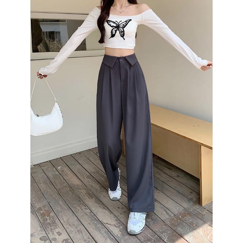 Women Turn Down Collar High Waist Wide Leg Straight Long Casual Suit Pants
