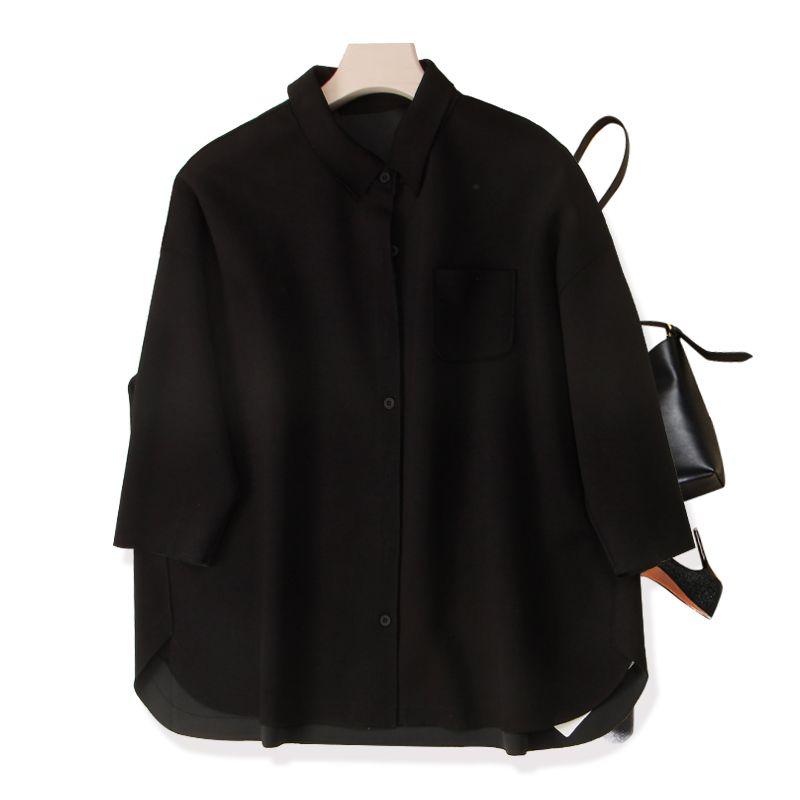 

Comfortable to Wear Both of Them! Workplace Elegant Women s Knitted Cotton Lapel Drop Shoulder Single-Breasted Thin Coat Summer Breathable Base Shirt Black 4XL