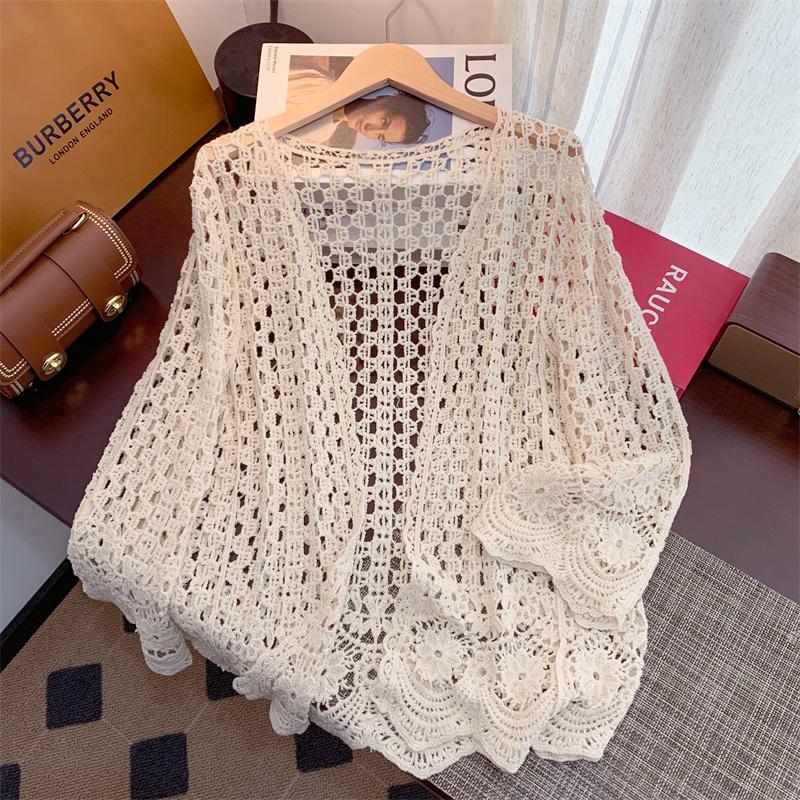 

DIMANAF 2025 New Short T-Shirt Women Knitting Lace Summer Style Basic Tops Tees Loose Clothing One Size бежевый