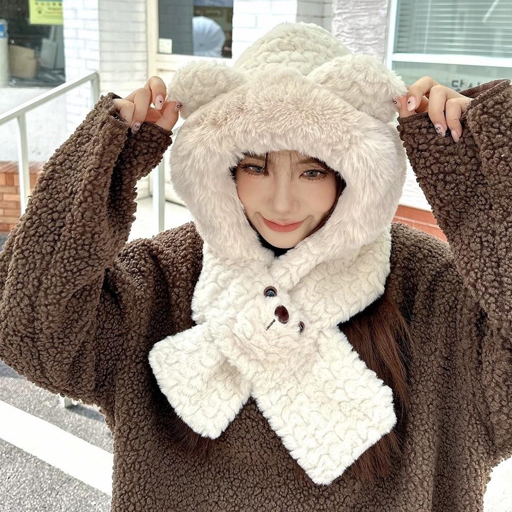 Warm Bear Ear Hat Solid Color Winter Neckerchief Fashion 2 in 1 Plush Scarf Ski