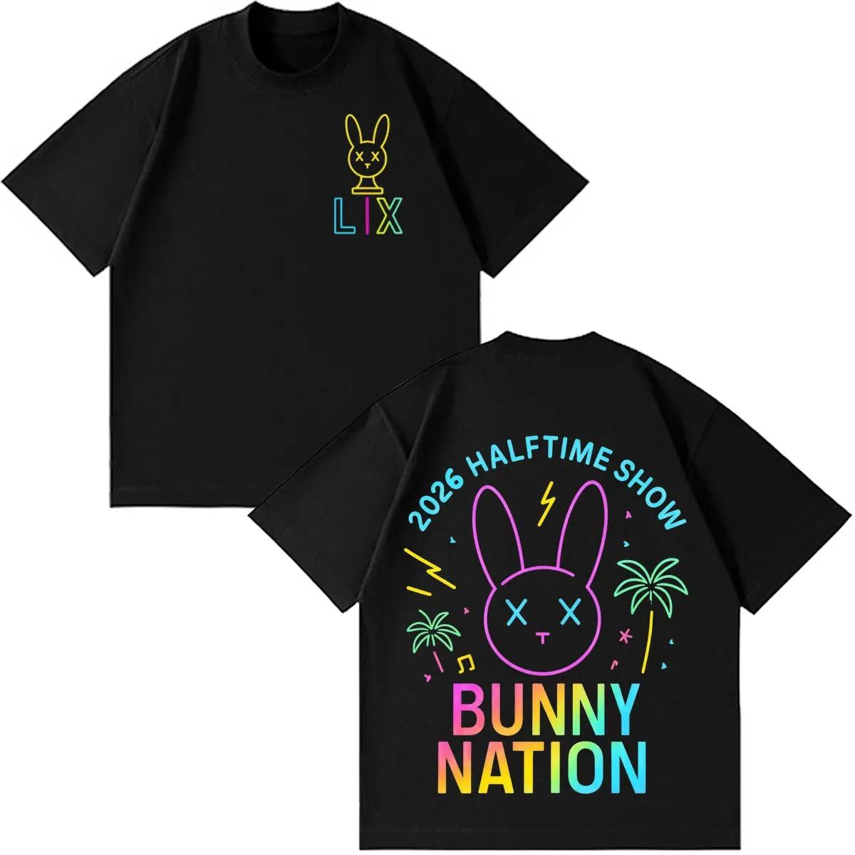 Bad Bunny  Bunny Nation 2026 Halftime Show  Beige Cotton T-Shirt with Neon Bunny Logo Prints T-shirts 4XL