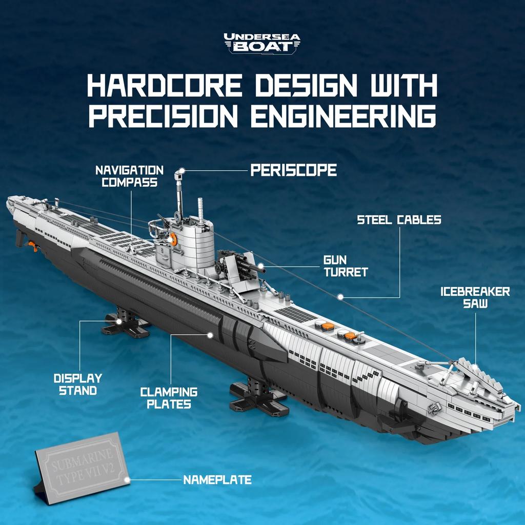 3987Pcs U Shaped Submarine Building Blocks Undersea Ship Model Bricks With Base Bracket Desktop Deco Kids Diy Toys Holiday Gifts