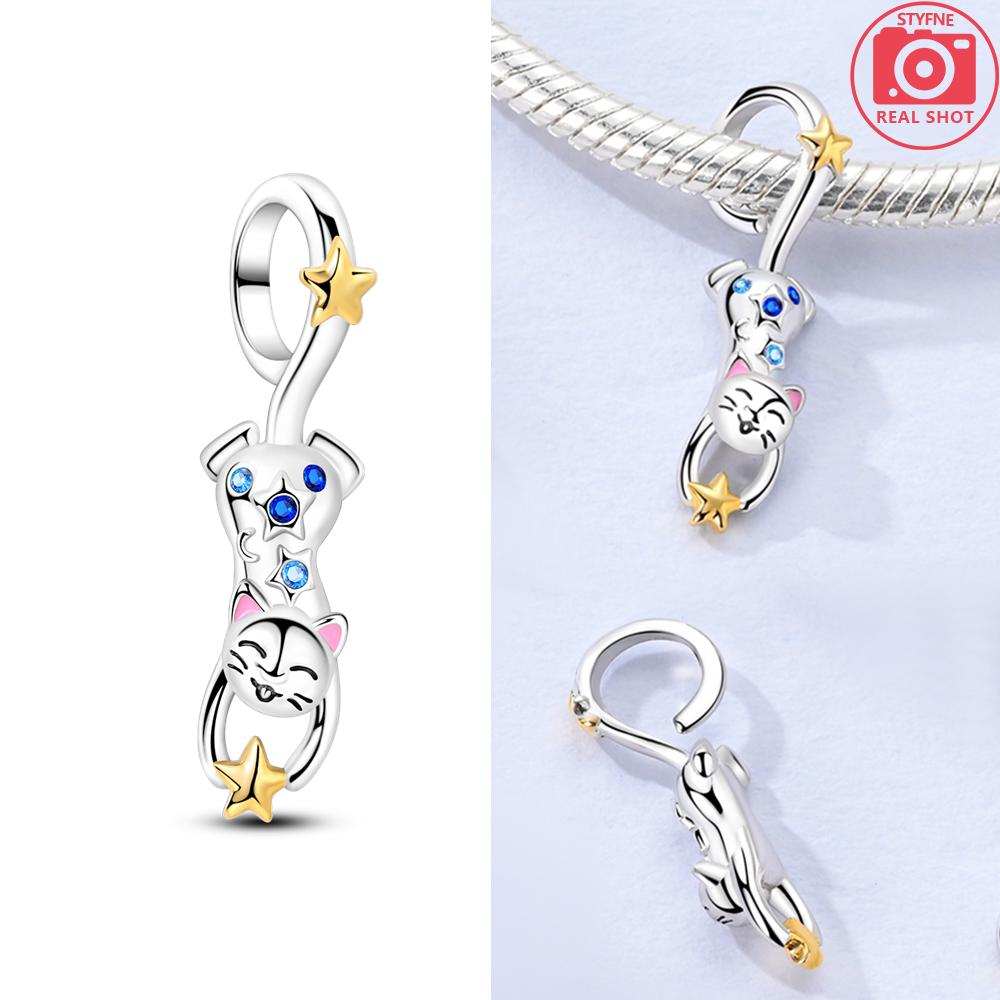 Original 925 Silver Black Cat Moon Cat Paw Pendant Charms Bead Fit Bracelet Women Jewelry Diy Anniversary Gift Accessories
