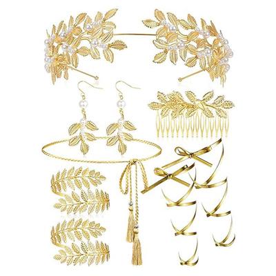 Gold Leaf Headband Hair Comb & Jewelry Set for Women: Includes Open Arm Bracelet, Pearl Earrings, and Necklace