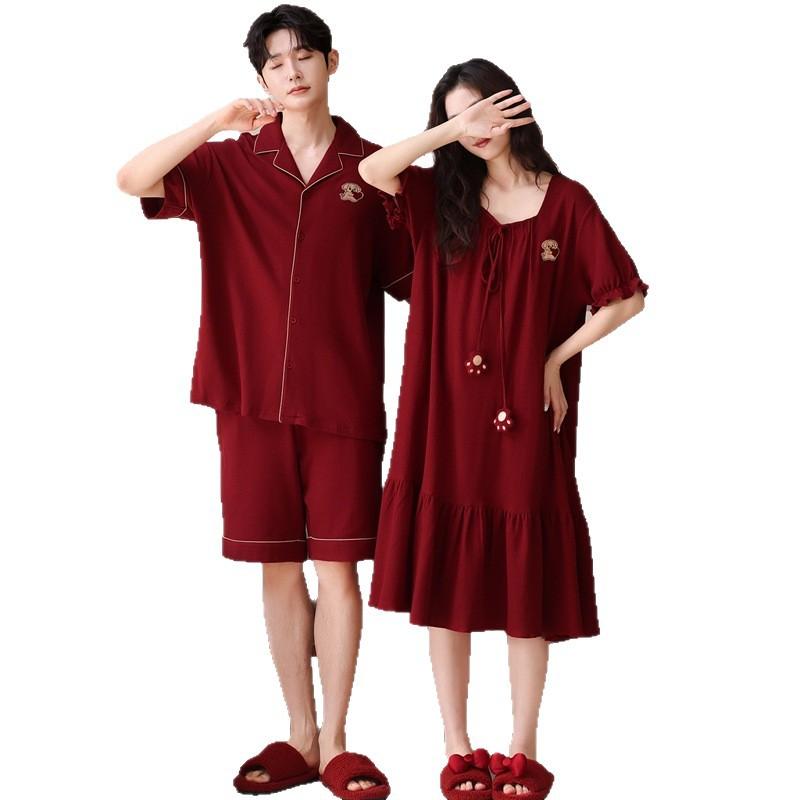 Couple Pajamas Summer Cotton Short-sleeved Nightgown Thin Wedding Wedding Burgundy Festive Natal Year Cotton Suit