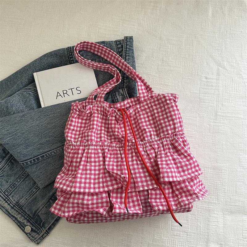 Cute Plaid Cotton Tote Bag Large Capacity Ruffle Handbag Large Capacity Shoulder Bags  Sweet Commuting Bag For Women Gift