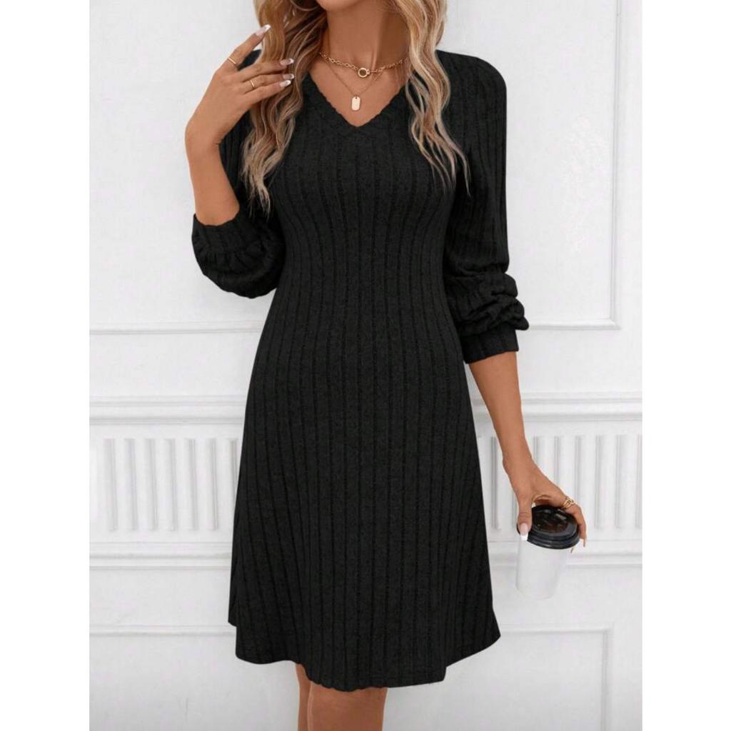 GMXIA Autumn Winter Solid Color Women's V-neck Long Sleeve Knitted Pit Strip Loose Fashion Dress