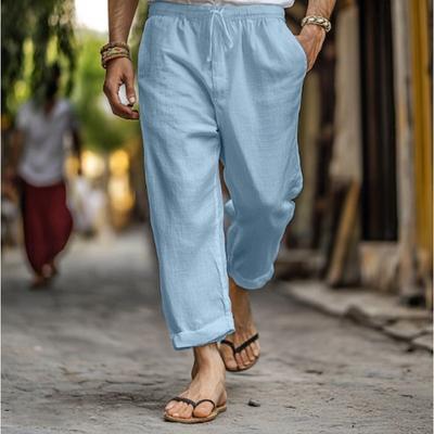 Men's Pants Long Pants Summer Pants Linen Pants Drawstring Elastic Waist Straight Tube Solid Color Comfortable and Breathable